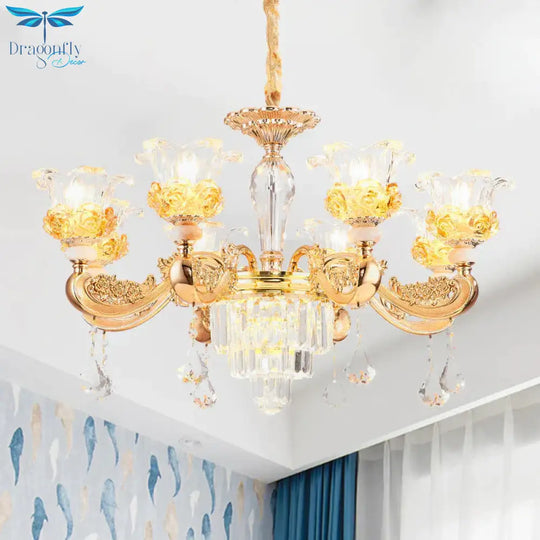 Crystal Flowers Up Chandelier Traditional 8 Bulbs Living Room Pendant Light Fixture In Gold