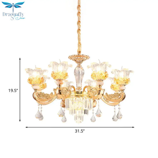 Crystal Flowers Up Chandelier Traditional 8 Bulbs Living Room Pendant Light Fixture In Gold