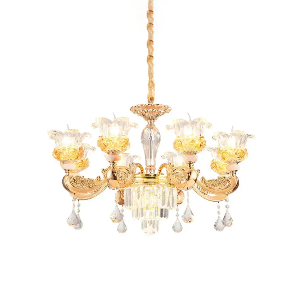 Crystal Flowers Up Chandelier Traditional 8 Bulbs Living Room Pendant Light Fixture In Gold