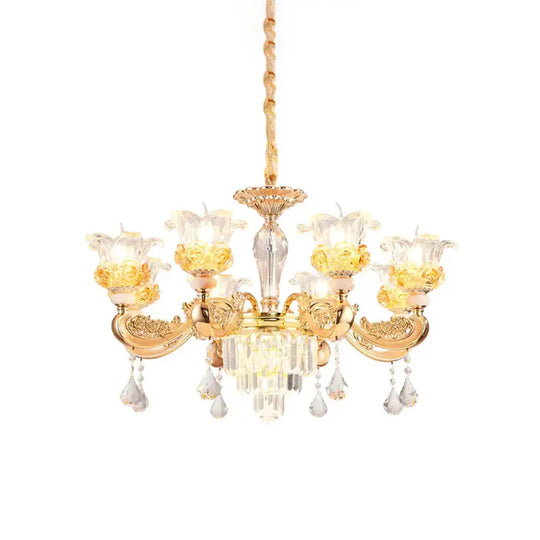 Crystal Flowers Up Chandelier Traditional 8 Bulbs Living Room Pendant Light Fixture In Gold