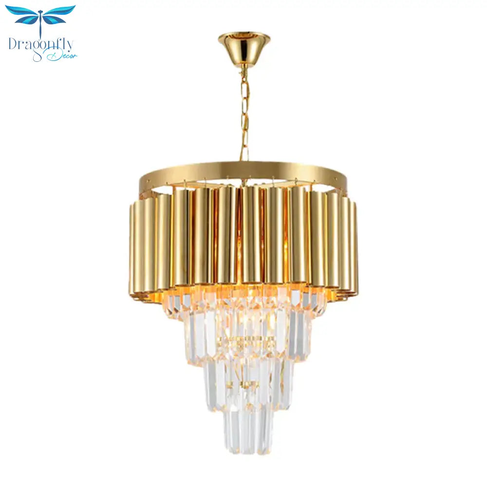 Crystal Flute Tapered Ceiling Chandelier Traditional 5 Bulbs Dining Room Suspension Light In Gold