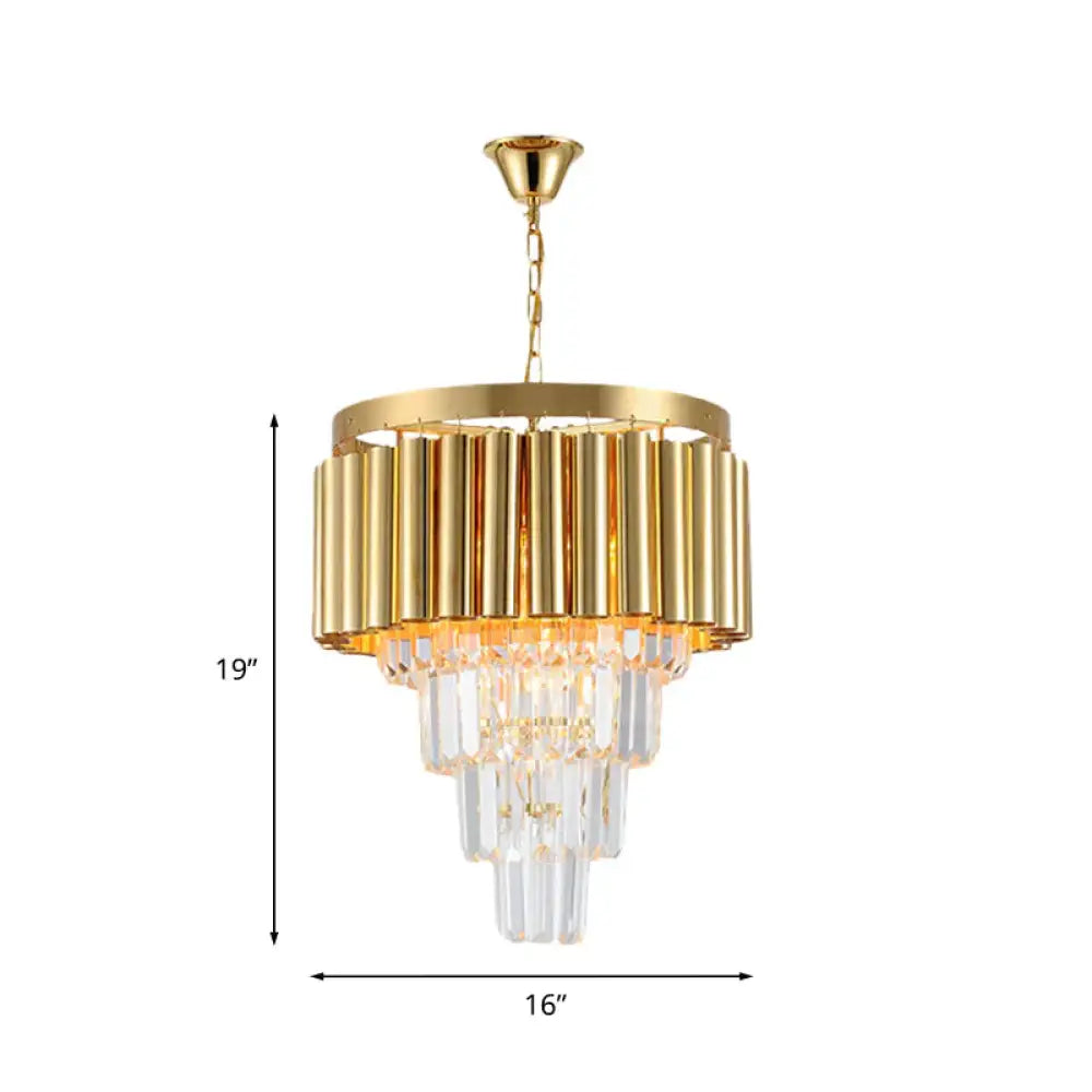 Crystal Flute Tapered Ceiling Chandelier Traditional 5 Bulbs Dining Room Suspension Light In Gold