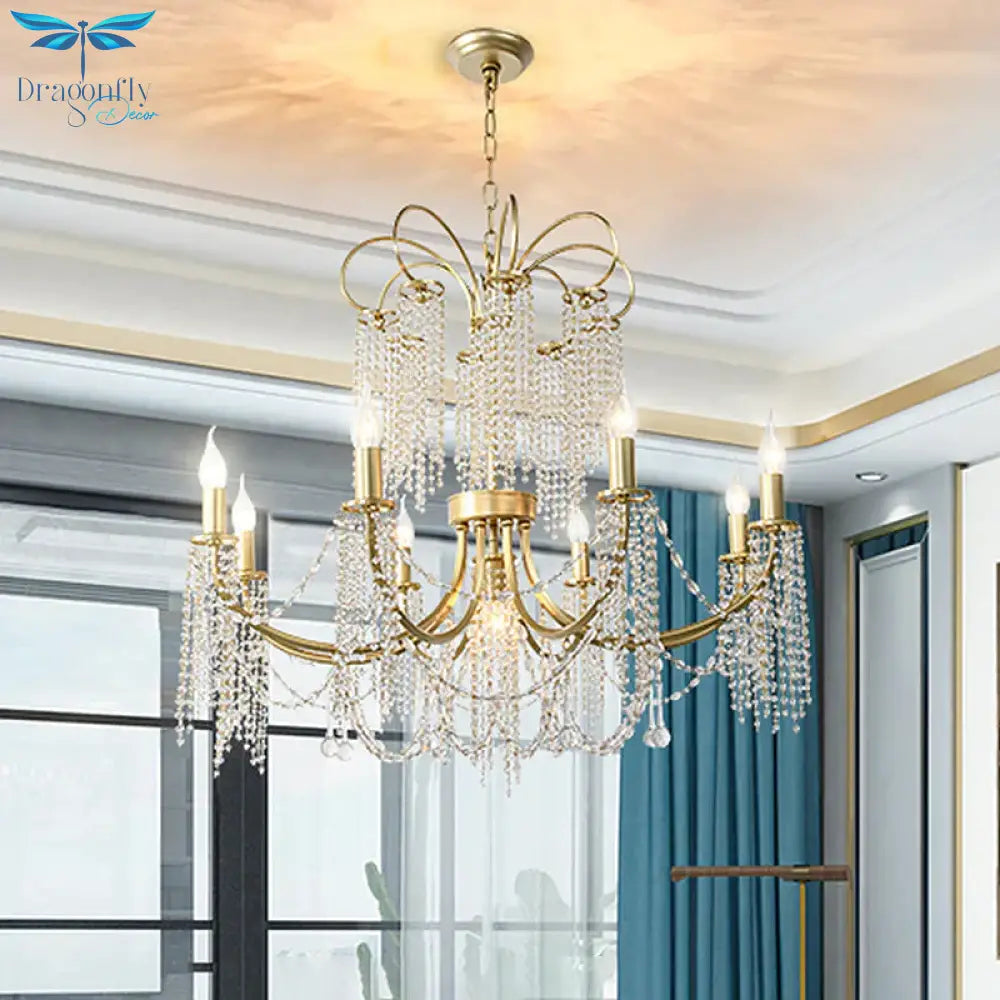 Crystal Gold Ceiling Chandelier Beaded 6/8 Lights Traditional Hanging Pendant Light For Living Room