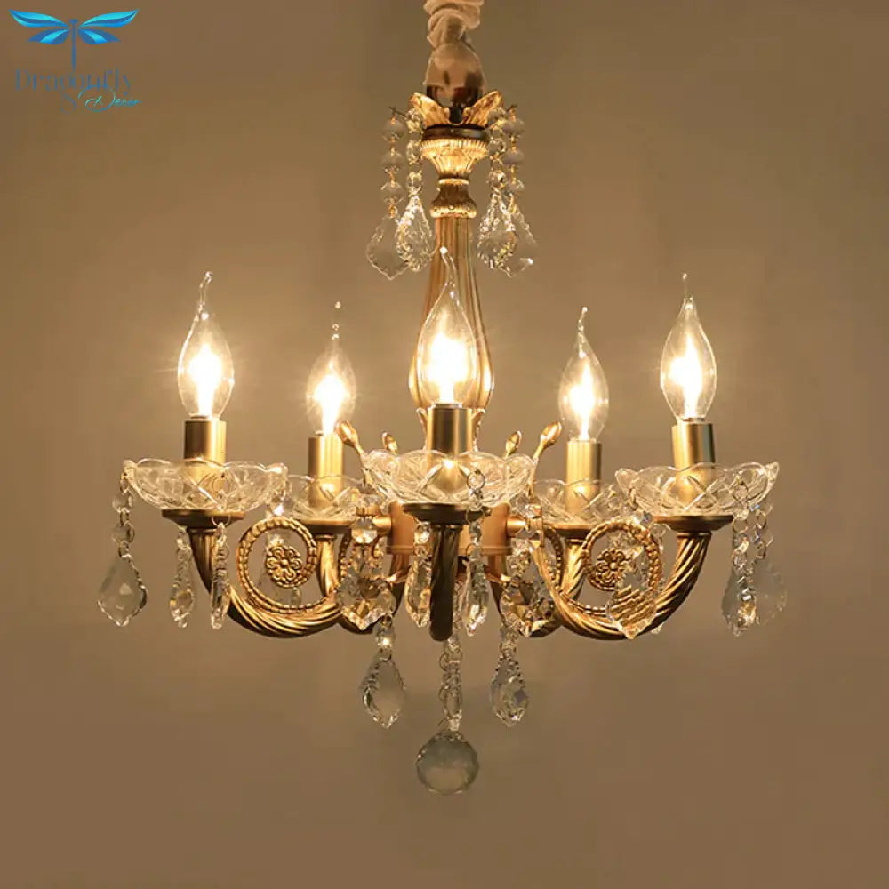 Crystal Gold Chandelier Lighting Scrolled Arm 5/6 Lights Lodge Pendant Light Fixture For Bedroom