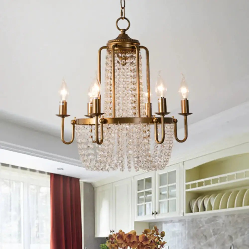 Crystal Strand Gold Chandelier Lighting Basket 6 - Light Farmhouse Candle Hanging Pendant