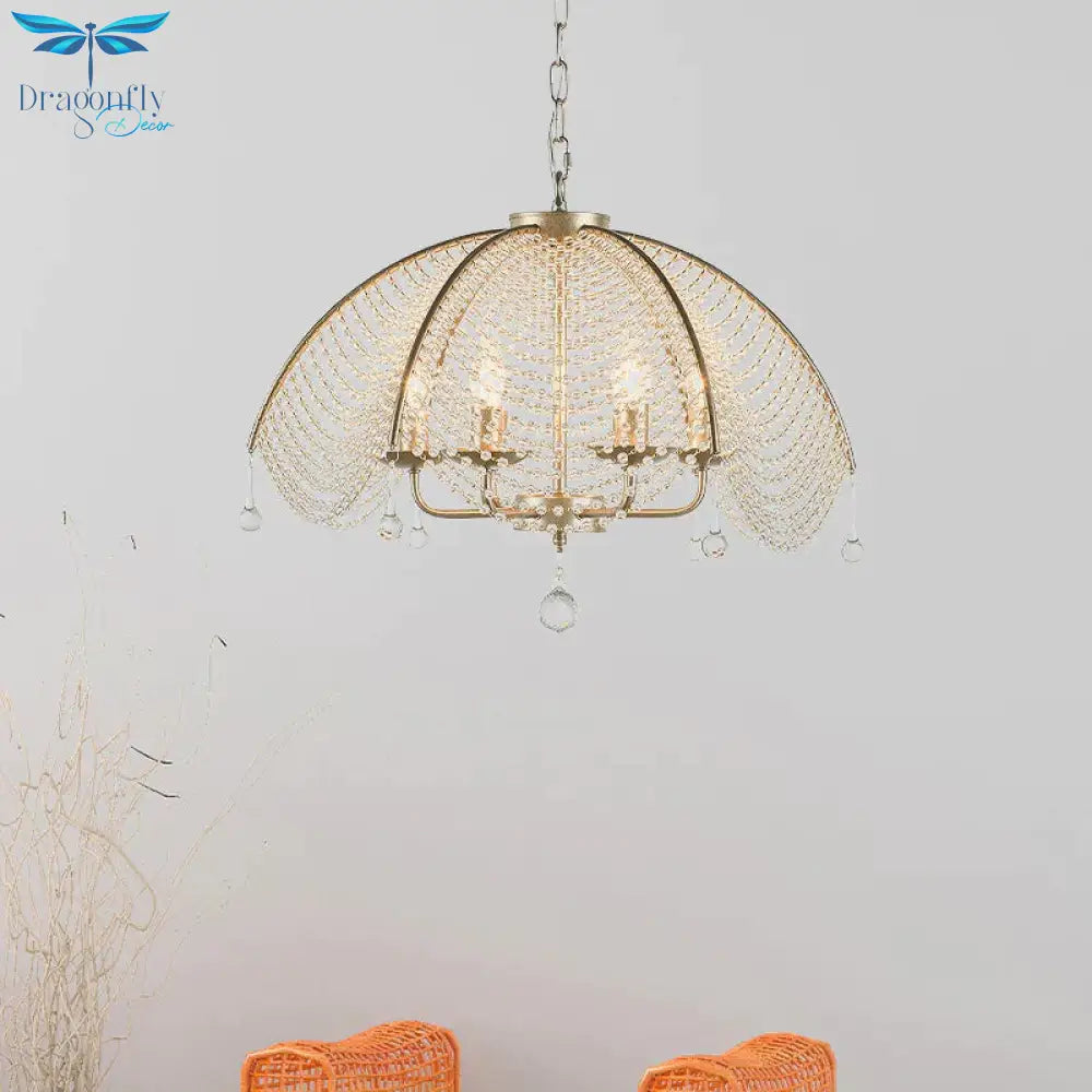 Crystal Strand Gold Chandelier Umbrella 3 Lights Suspension Pendant With Candle Design