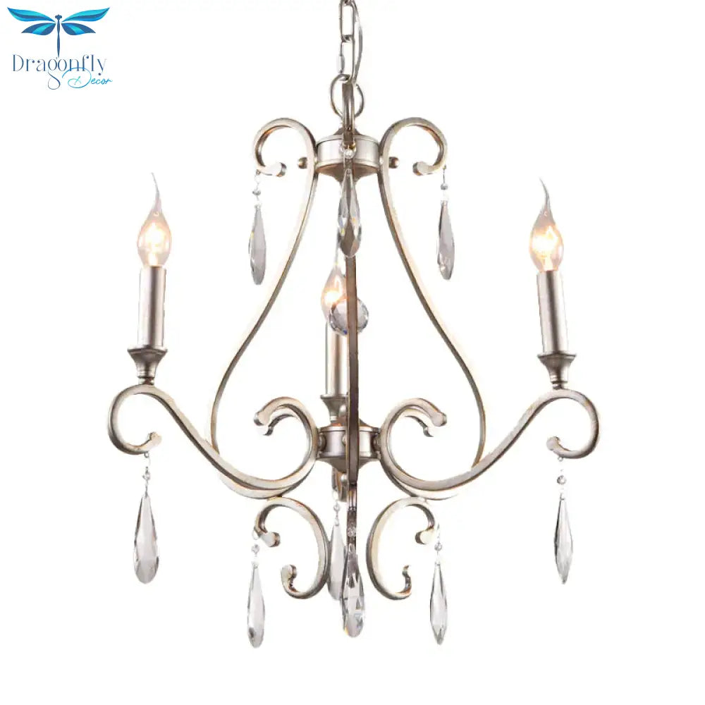 Crystal Teardrop Suspension Light Farmhouse 3 Heads Bedroom Candle Pendant Chandelier In Gold With