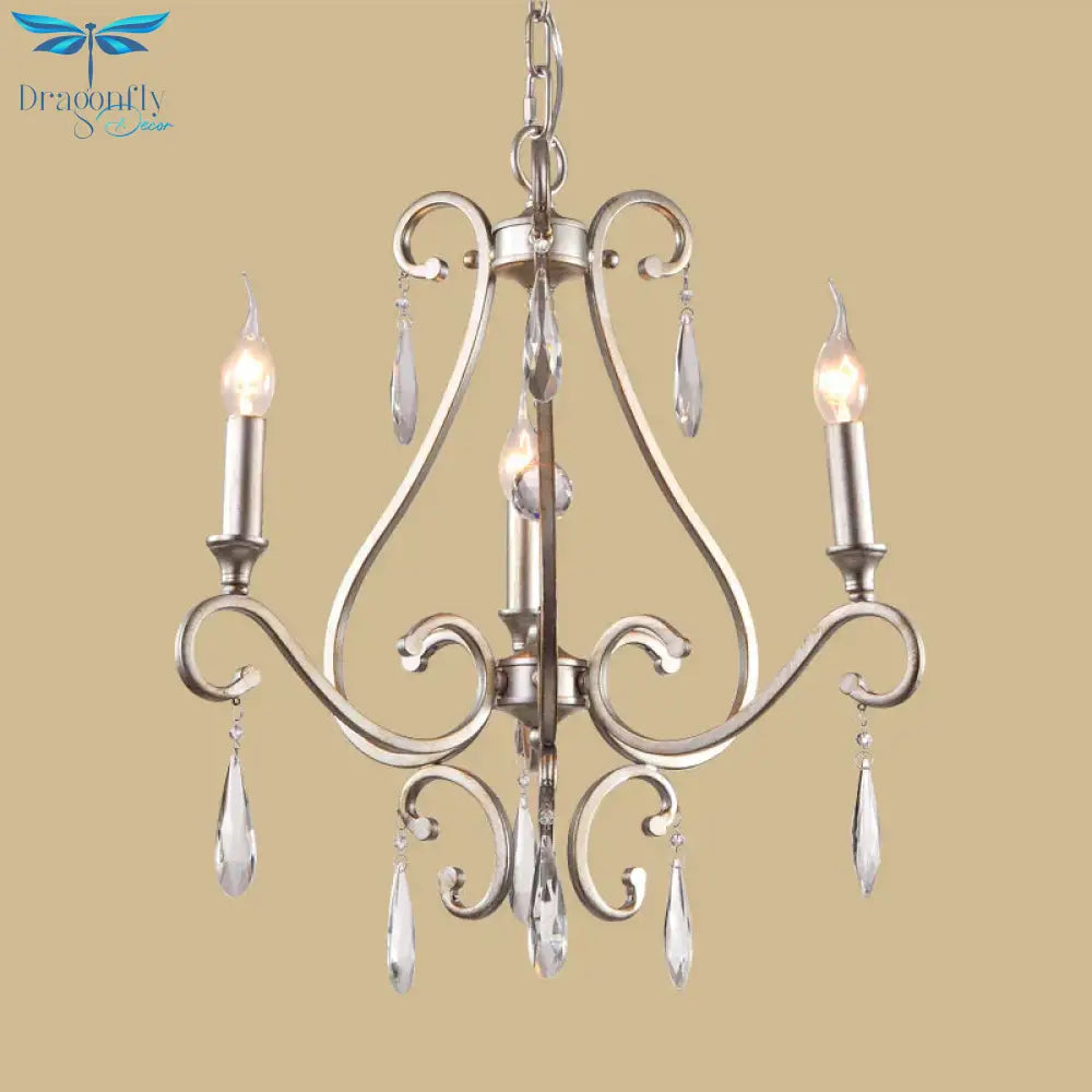Crystal Teardrop Suspension Light Farmhouse 3 Heads Bedroom Candle Pendant Chandelier In Gold With
