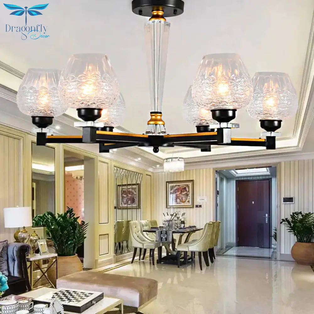 Cup Shape Living Room Pendant Lamp Traditional Crystal 3/6 Lights Black Chandelier Light Fixture