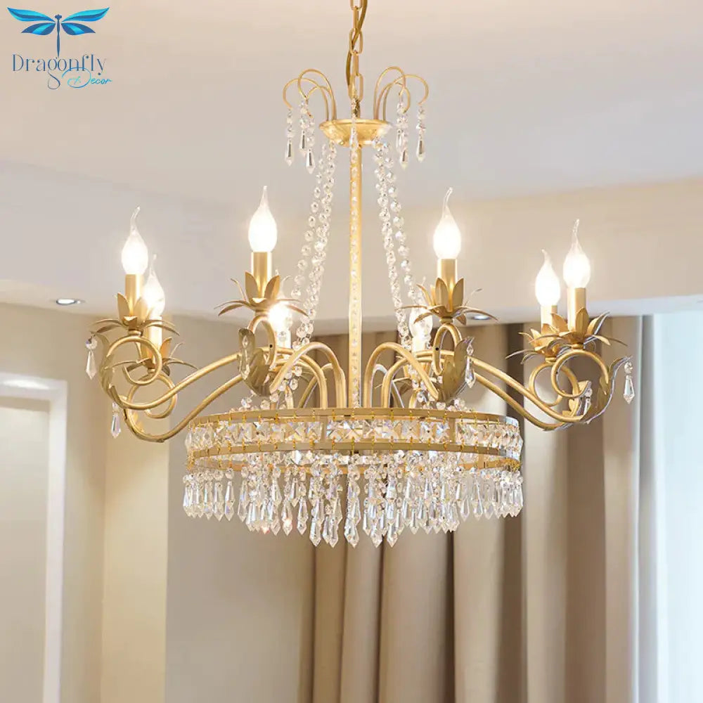 Curved Arm Crystal Chandelier Lamp Countryside 4/8 Lights Living Room Drop Pendant In Gold