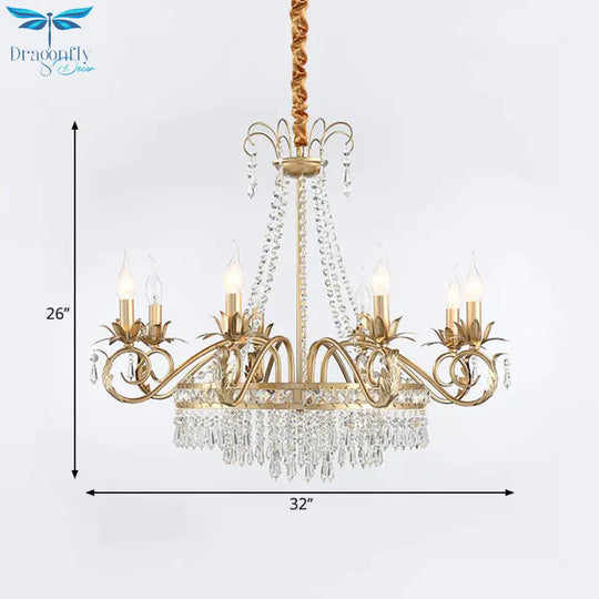 Curved Arm Crystal Chandelier Lamp Countryside 4/8 Lights Living Room Drop Pendant In Gold