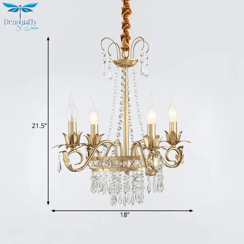 Curved Arm Crystal Chandelier Lamp Countryside 4/8 Lights Living Room Drop Pendant In Gold