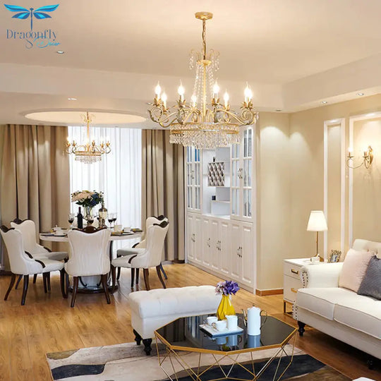 Curved Arm Crystal Chandelier Lamp Countryside 4/8 Lights Living Room Drop Pendant In Gold