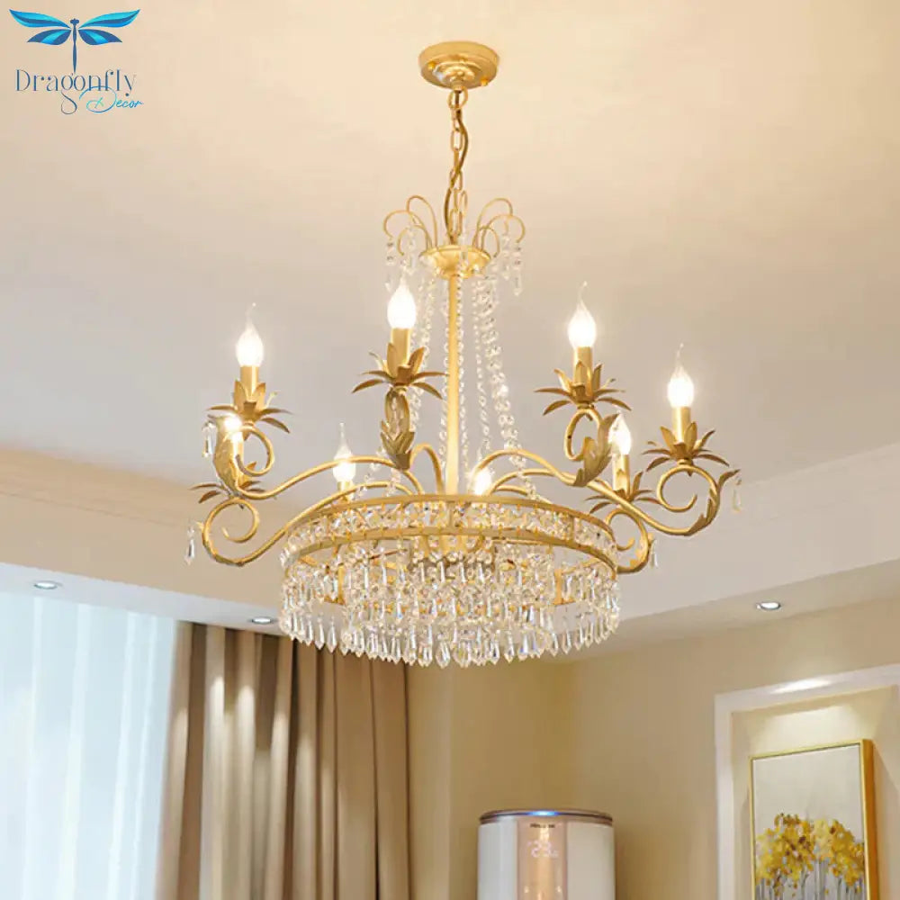 Curved Arm Crystal Chandelier Lamp Countryside 4/8 Lights Living Room Drop Pendant In Gold