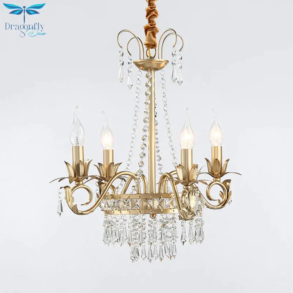 Curved Arm Crystal Chandelier Lamp Countryside 4/8 Lights Living Room Drop Pendant In Gold