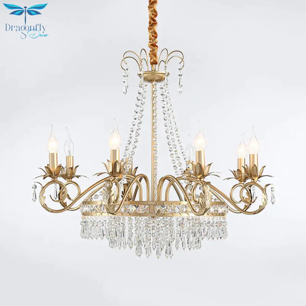 Curved Arm Crystal Chandelier Lamp Countryside 4/8 Lights Living Room Drop Pendant In Gold