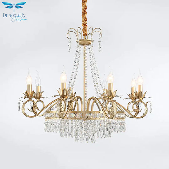 Curved Arm Crystal Chandelier Lamp Countryside 4/8 Lights Living Room Drop Pendant In Gold