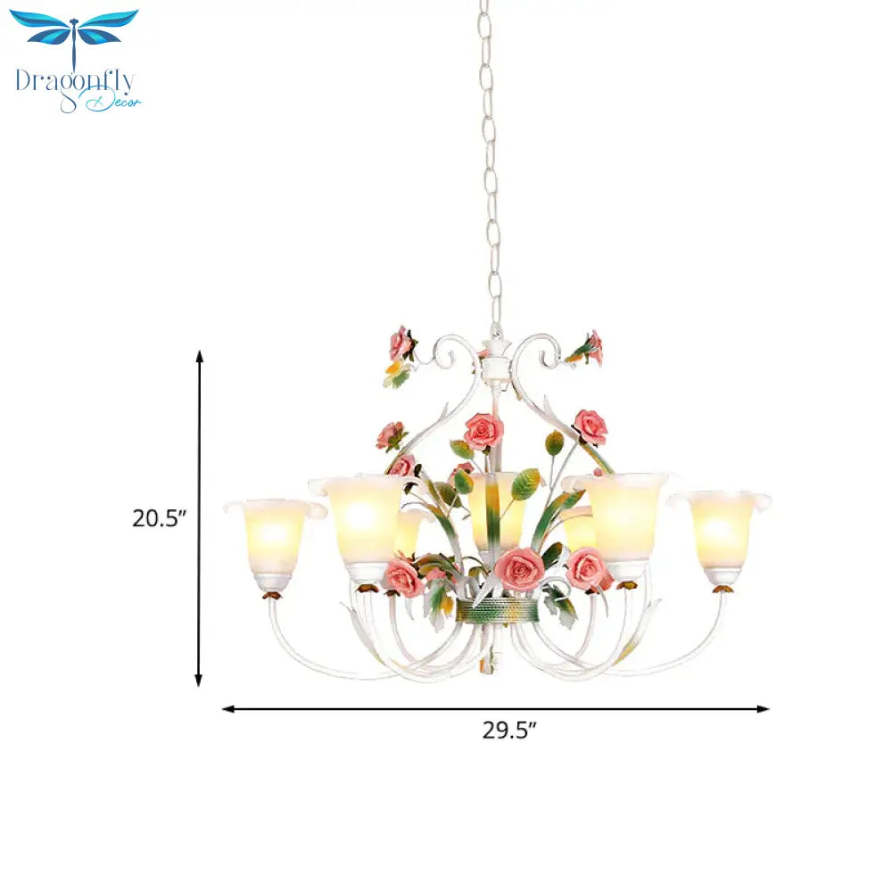 Curved Arm Kitchen Hanging Lamp Romantic Pastoral White Glass 4/7/9 Bulbs Pink Chandelier Lighting