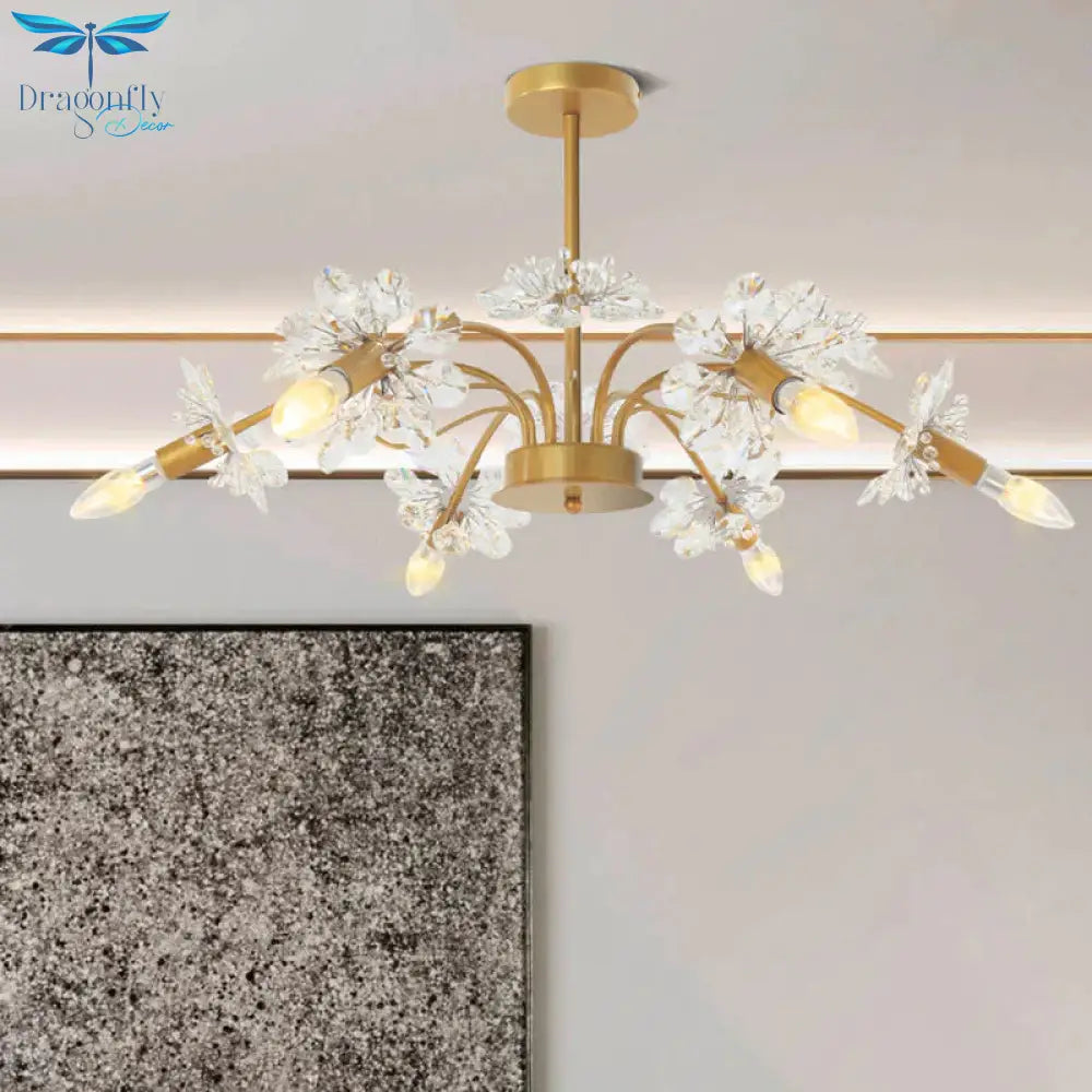 Curved Arm Metal Chandelier Light Traditional 6 Lights Living Room Hanging Lamp With Clear/Cream