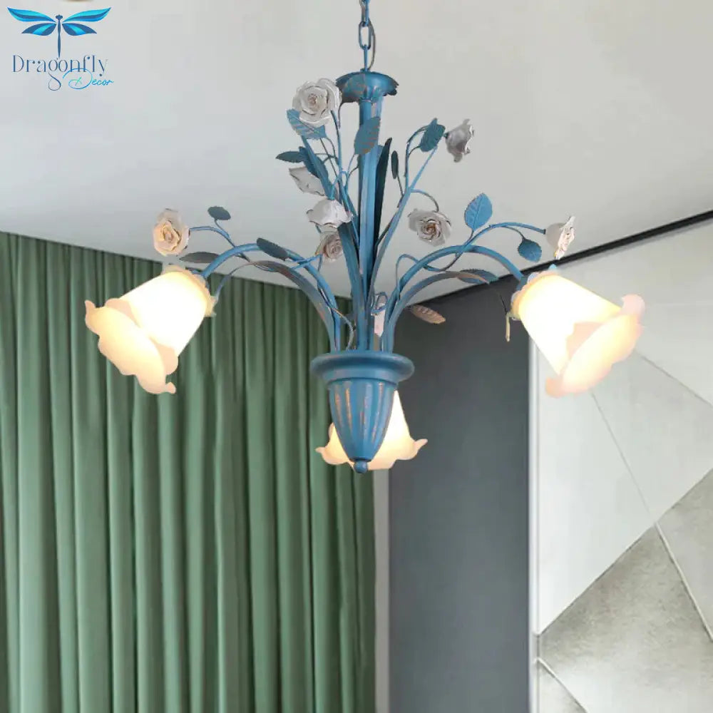 Curving Arm Opal Glass Chandelier Pastoral 3/5/6 Bulbs Living Room Flower Pendant Lighting Fixture