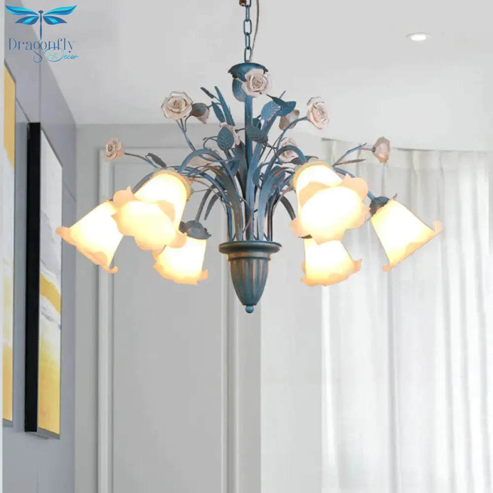 Curving Arm Opal Glass Chandelier Pastoral 3/5/6 Bulbs Living Room Flower Pendant Lighting Fixture