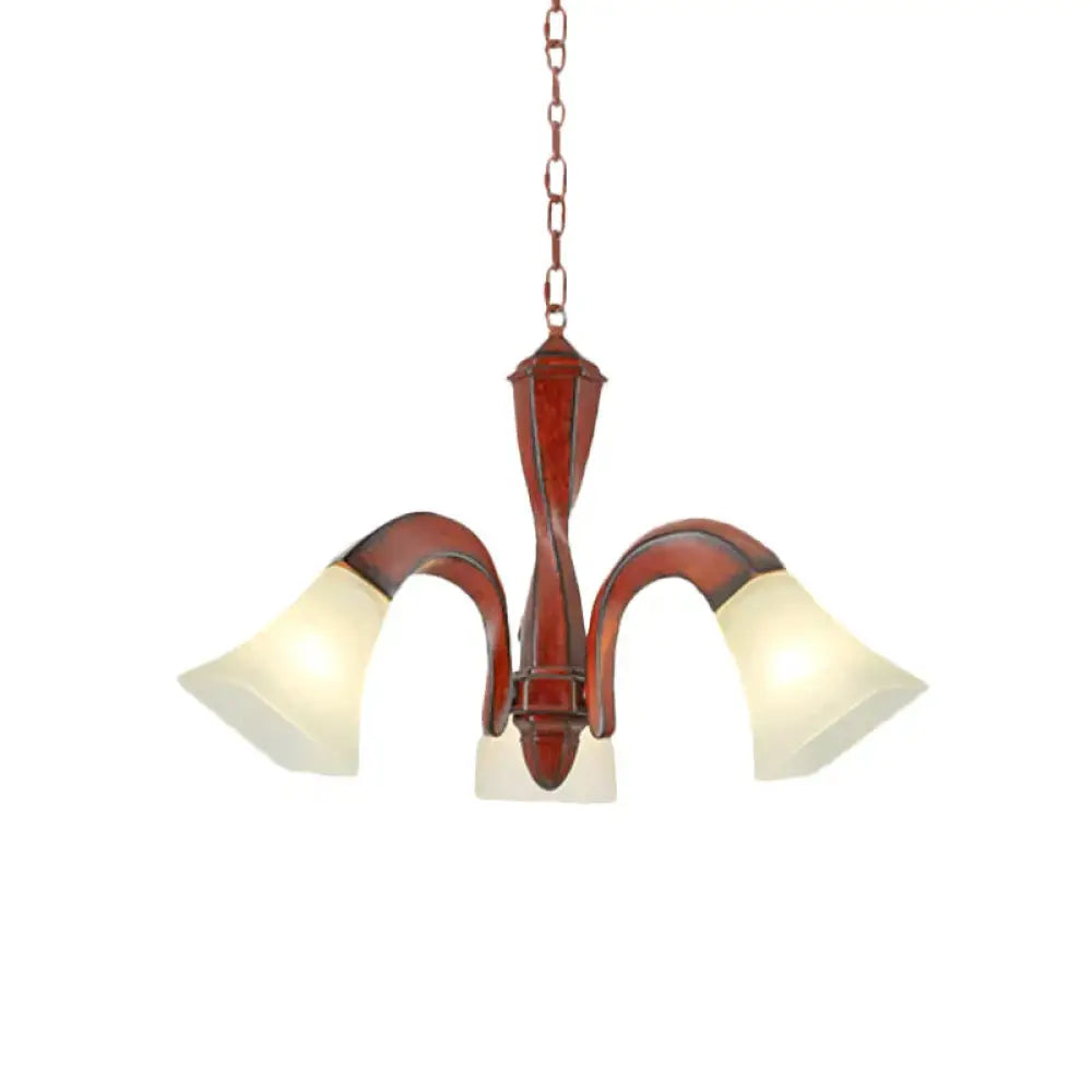 Curving Dining Room Suspension Light Traditional Wood 3 - Light Brown Chandelier With Square Flare