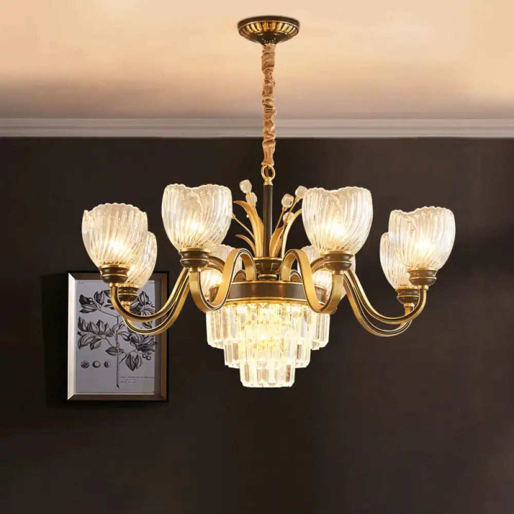 Curvy Arm Living Room Chandelier Classic Clear Prismatic Glass 8 - Light Gold Pendant Lighting