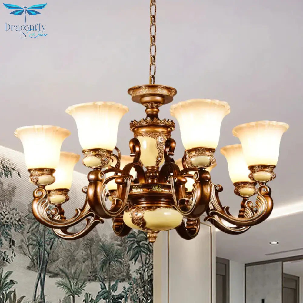 Curvy Arm Living Room Suspension Lighting Antiqued Metallic 6/8 Heads Brown Pendant Chandelier