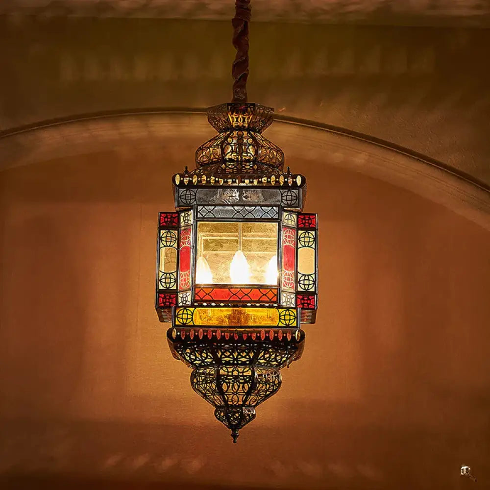 Cut Glass Lantern Drop Pendant Country Style 3 Heads Bedroom Chandelier Lamp In Brass