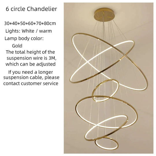 Cygnus - Unique Tiered Led Chandelier 6 Rings 30 40 50 60 70 80 / Gold Warm Light