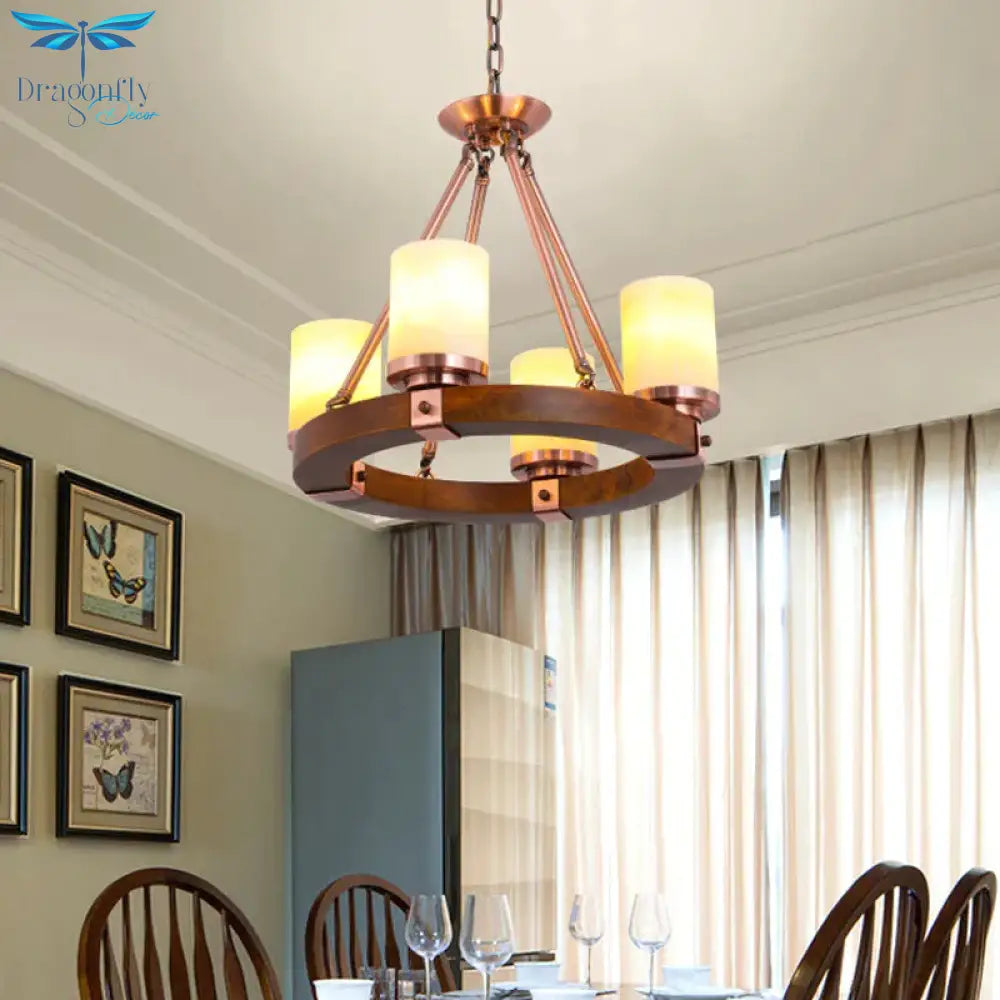 Cylinder Bedroom Chandelier Light Fixture Rustic White Glass 4/6 Lights Copper Ceiling