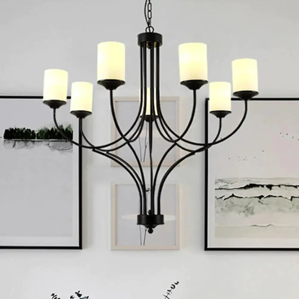 Cylinder Bedroom Pendant Chandelier Traditional Opal Glass 7 Lights Black Hanging Fixture