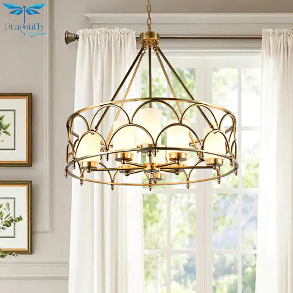 Cylinder Chandelier Modern Metal 4/8 Bulbs Hanging Ceiling Light In Brass With Frosted Glass Shade