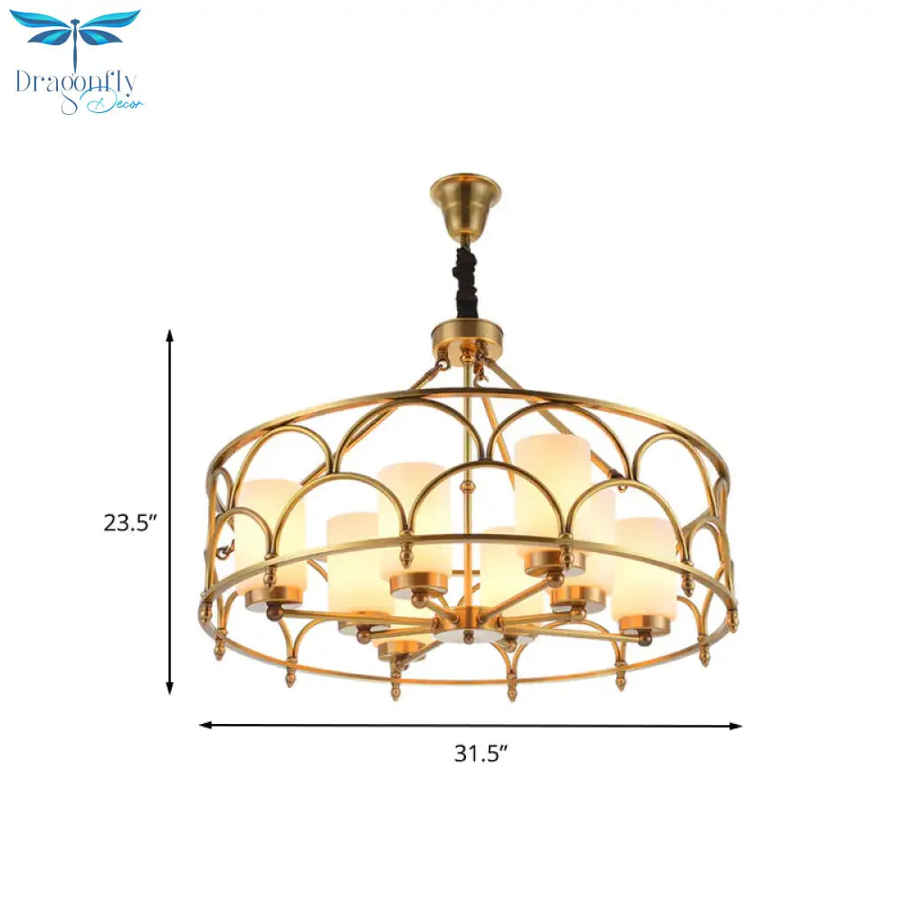 Cylinder Chandelier Modern Metal 4/8 Bulbs Hanging Ceiling Light In Brass With Frosted Glass Shade