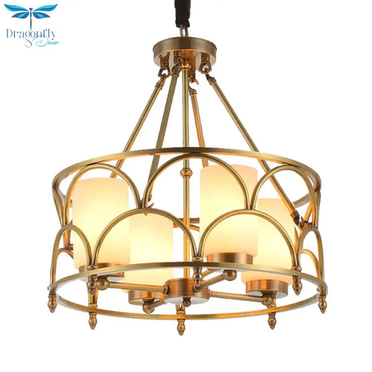 Cylinder Chandelier Modern Metal 4/8 Bulbs Hanging Ceiling Light In Brass With Frosted Glass Shade