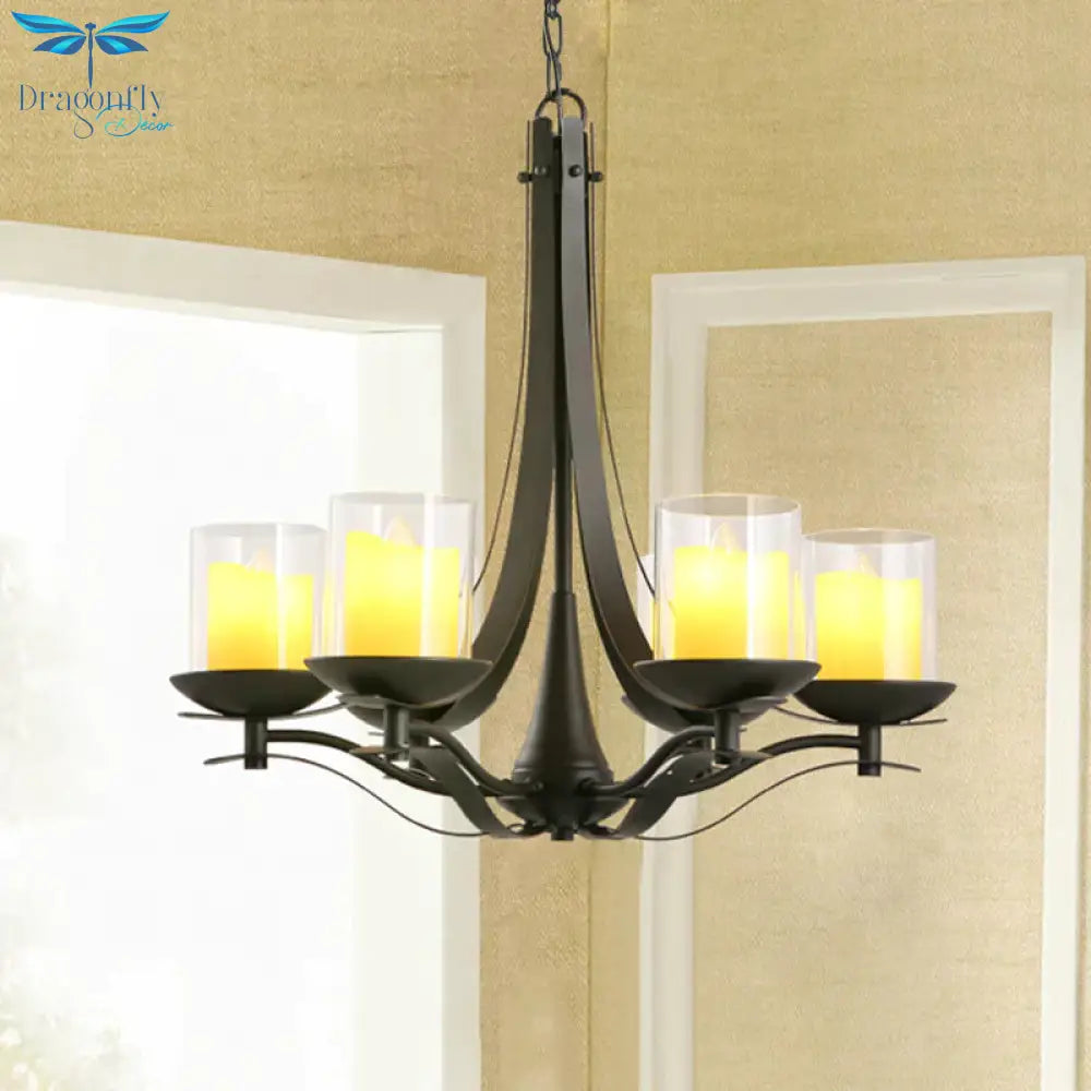 Cylinder Clear Glass Chandelier Light Fixture Country 6 - Light Dining Room Metal Pendant Lamp In