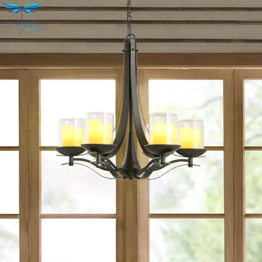 Cylinder Clear Glass Chandelier Light Fixture Country 6 - Light Dining Room Metal Pendant Lamp In