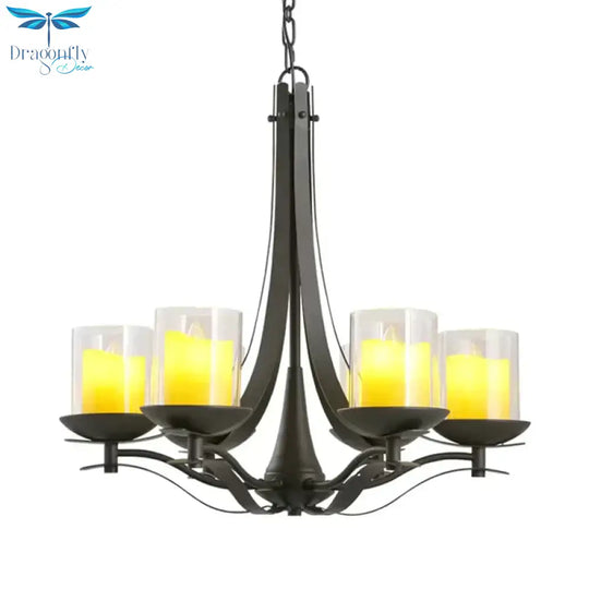 Cylinder Clear Glass Chandelier Light Fixture Country 6 - Light Dining Room Metal Pendant Lamp In