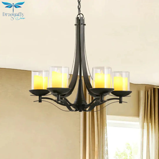Cylinder Clear Glass Chandelier Light Fixture Country 6 - Light Dining Room Metal Pendant Lamp In