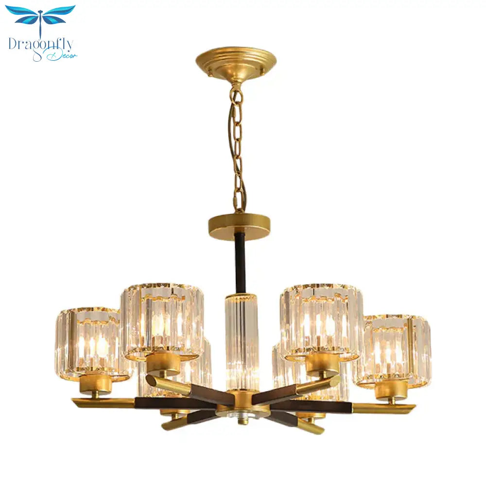 Cylinder Crystal Block Chandelier Light Traditional 3/6/8 Lights Dining Room Hanging In Gold