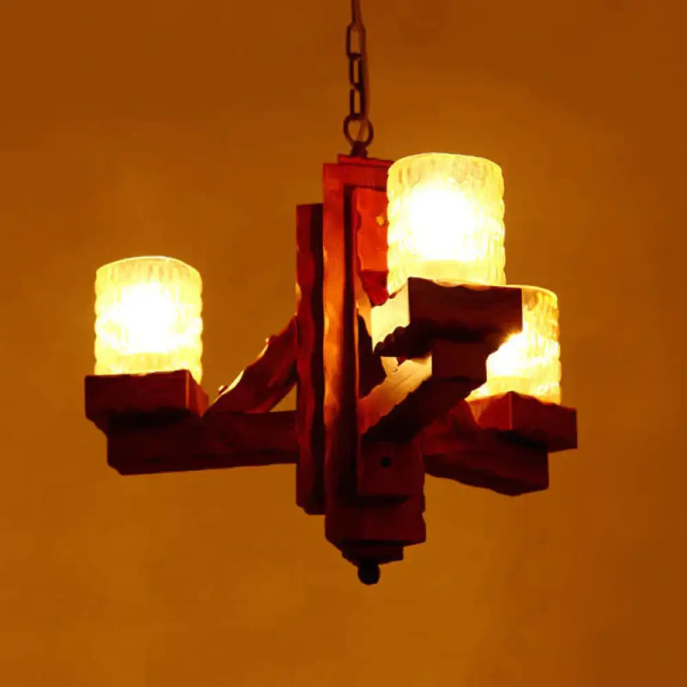 Cylinder Dining Room Pendant Chandelier Rustic Yellow Dimpled Glass 3 Lights Brown Hanging Lighting