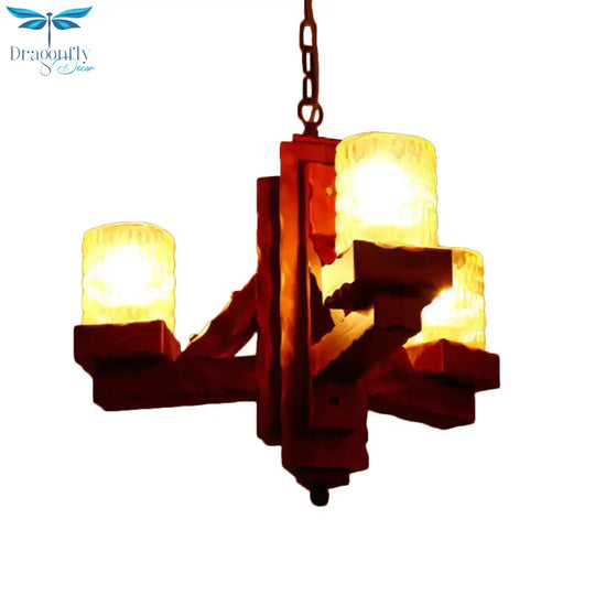 Cylinder Dining Room Pendant Chandelier Rustic Yellow Dimpled Glass 3 Lights Brown Hanging Lighting