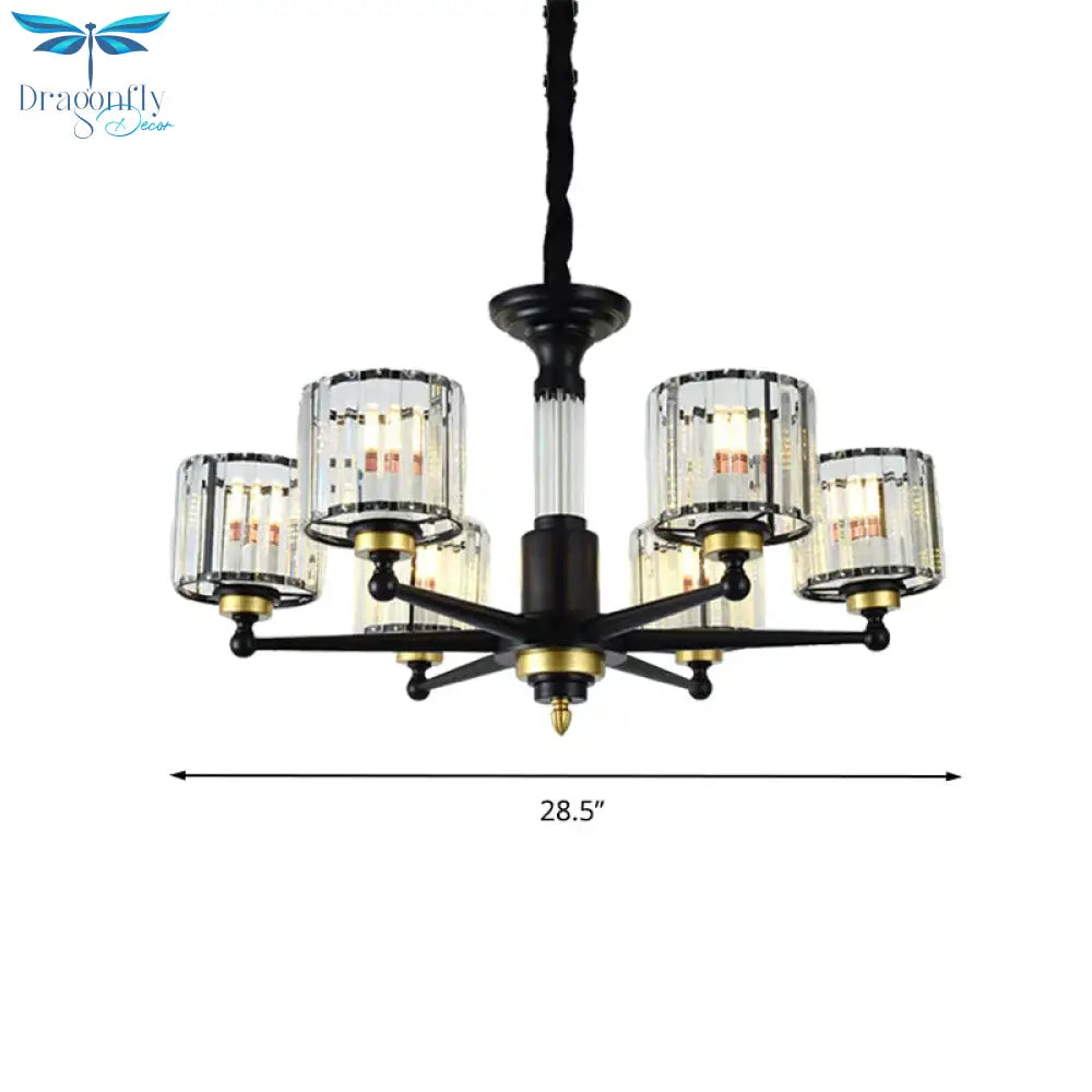 Cylinder Hanging Light Fixture Modern Rectangle - Cut Crystal 6/8 Heads Black Ceiling Chandelier