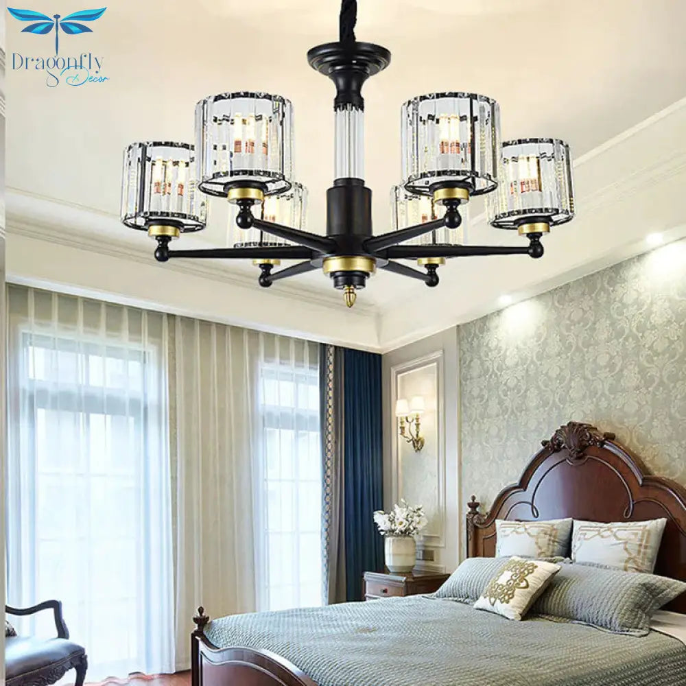 Cylinder Hanging Light Fixture Modern Rectangle - Cut Crystal 6/8 Heads Black Ceiling Chandelier