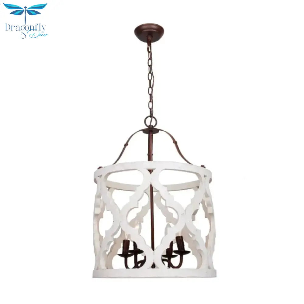 Cylinder Pendant Chandelier Traditional Wood 4 Bulbs White/Tan Hanging Ceiling Light With
