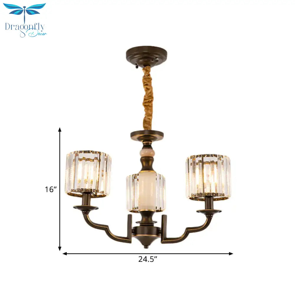 Cylindrical Bedchamber Hanging Fixture Traditional Crystal 3/6 Bulbs Black Ceiling Chandelier