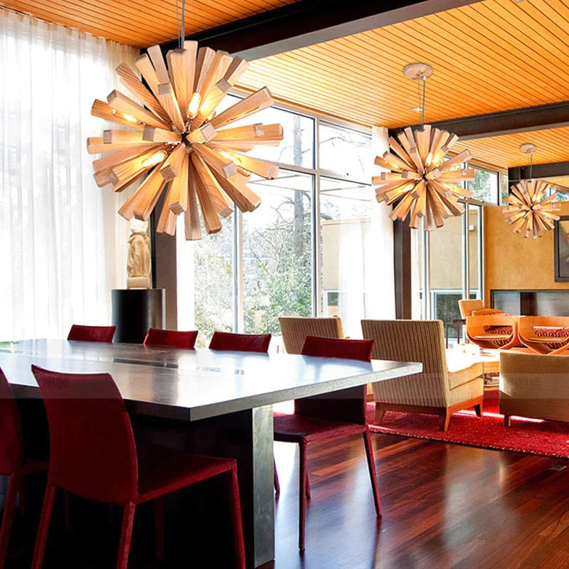 Dandelion Wooden Pendant Lights Hanging Solid Wood Lamps Dinning Room Restaurant Fixtures Indoor