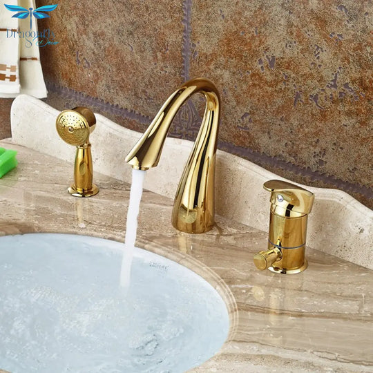 Deck Mounted Widespread 3Pc Bathroom Bath Tub Mixer Faucet Brass Handshower Goose Neck Spout Taps