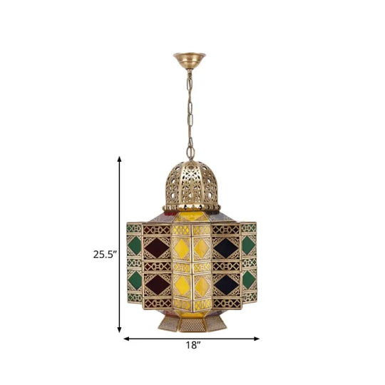 Decorative Lantern Pendant Light 6 - Bulb Stained Glass Hanging Chandelier In Brass For Living Room
