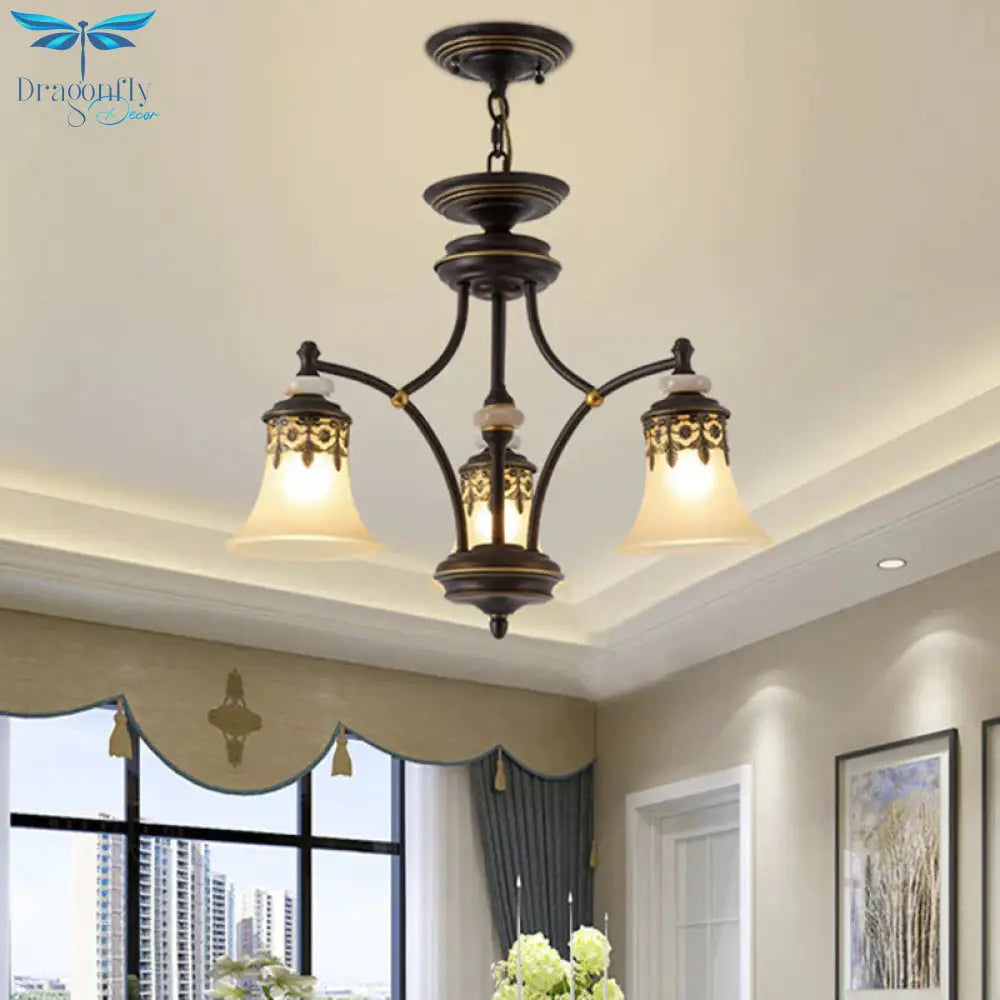 Deep Tan Bell Pendant Lighting Traditional Frosted Glass 3/5/6 Lights Living Room Chandelier